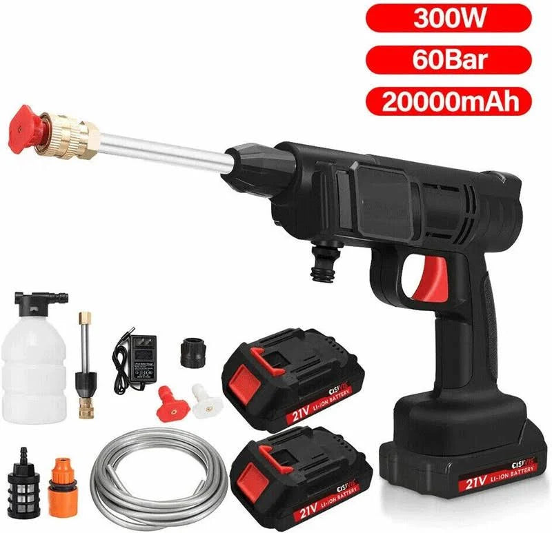48V Battery Powered Cordless Pressure Washer Gun, Black Plastic, Portable Car Wash Kit with Dual 20000mAh Batteries, Foam Pot, Extension Rod, Multiple Nozzles