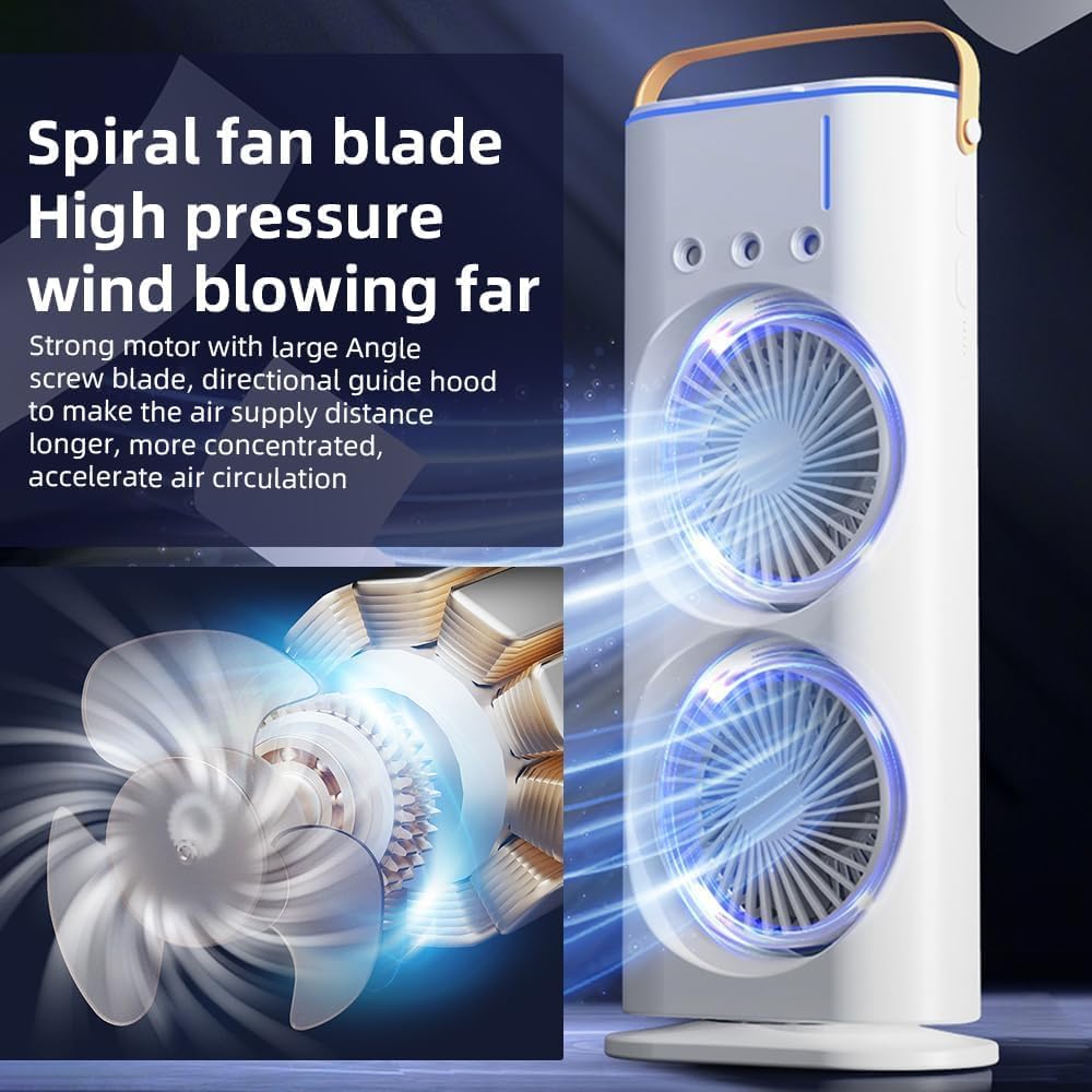 4000mAh Double Ended Spray Fan, Cold Air, 2025 New 3 Gears USB Rechargeable Oscillating one with LED Light Cooler
