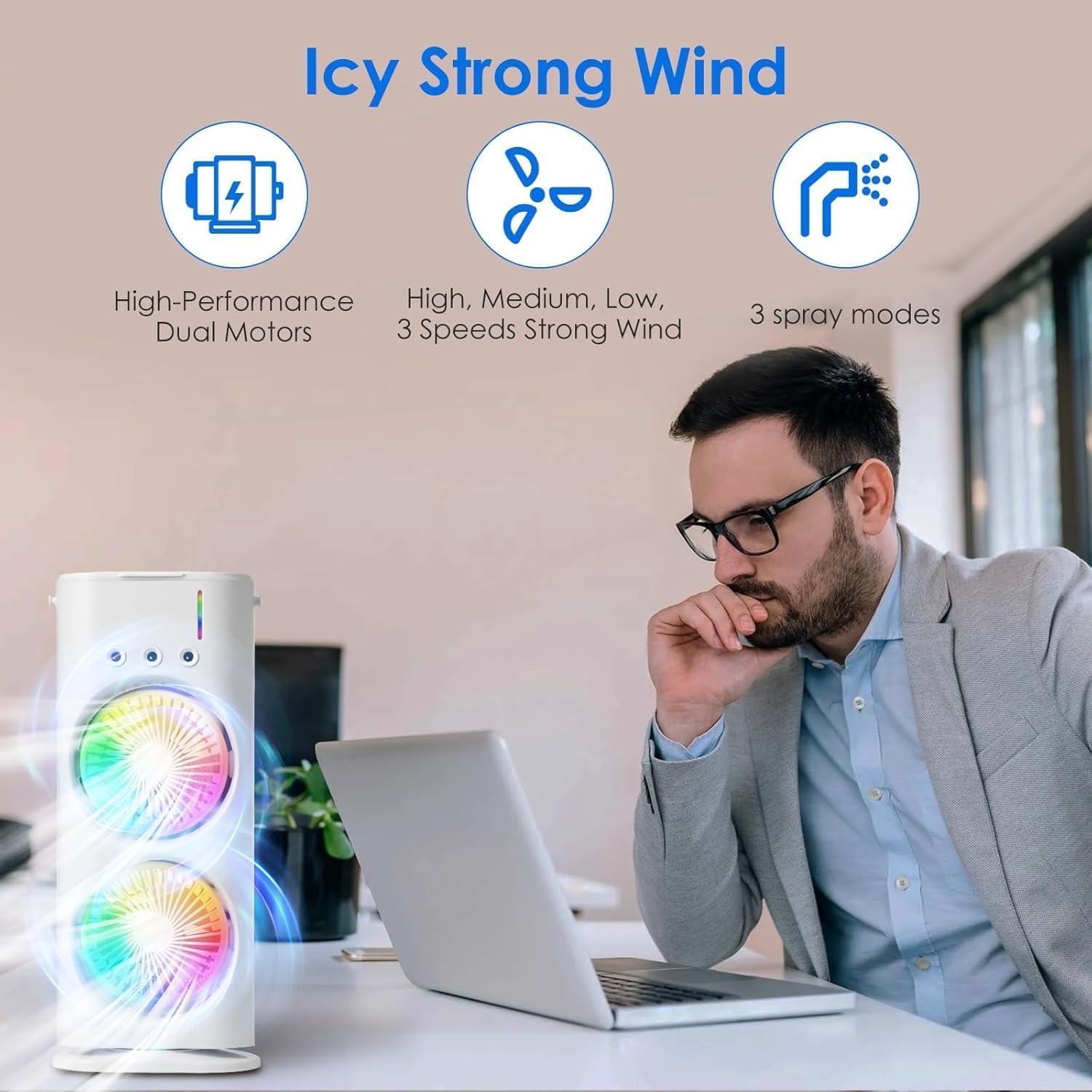4000mAh Double Ended Spray Fan, Cold Air, 2025 New 3 Gears USB Rechargeable Oscillating one with LED Light Cooler