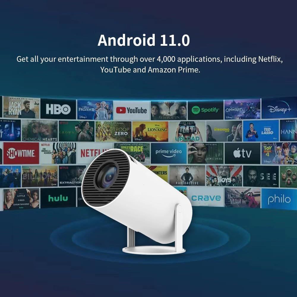 Smart Projector with Android 11 HD Projector 1080P 4K WiFi6 BT Home Theater Video Projector 180° Rotatable Stand